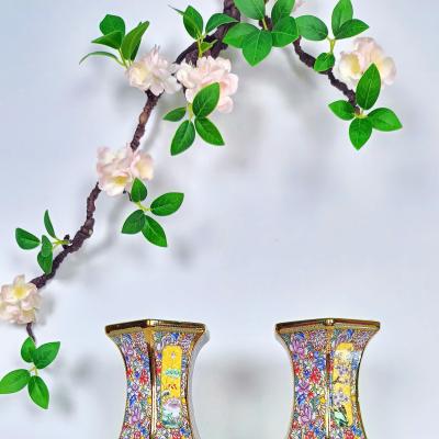 cặp bình men vàng hoạ tiết tứ quý, bình lục giác